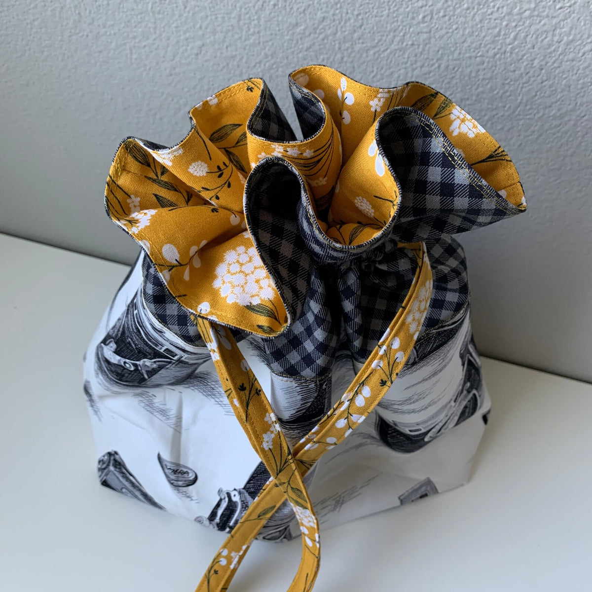 Vintage Camera Print Drawstring Bag – Handmade & Lined